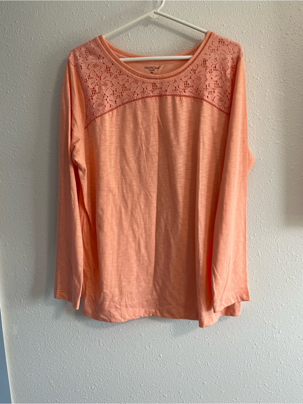 NorthCrest Peach Lace-Yoke Long Sleeve Tee Size XL